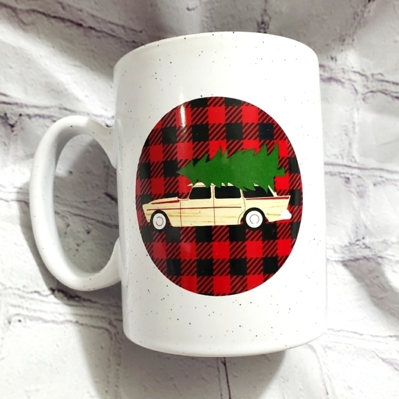 Love Your Mug Christmas Coffee Mug Marbled White Buffalo Plaid Car Carrying Tree - Picture 1 of 5
